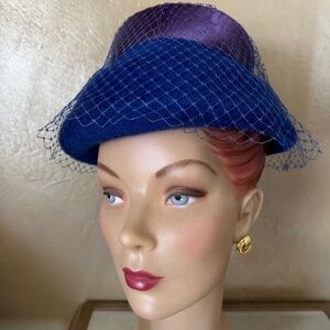 BEAUTIFUL ROYAL BLUE 1960S' FELT "BUCKET " HAT + PURPLE SATIN BAND + BLUE VEIL
